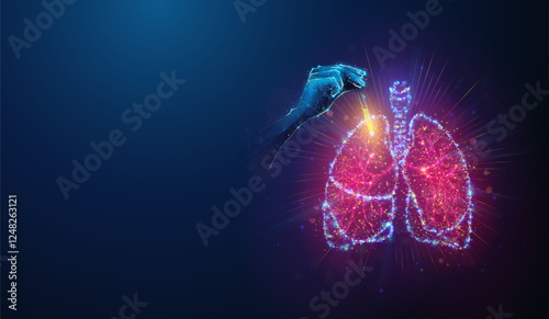 Lowpoly Hand Take Tests to Diagnose Lungs Health. Abstract geometric illustration on bacterial, virulent lung disease diagnostic healthcare medical concept made of neon particles on blue background