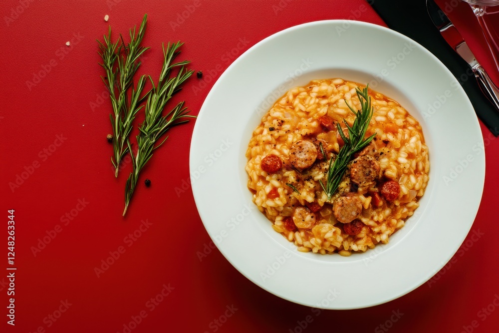 Creamy risotto with sausage and fresh rosemary on a plate