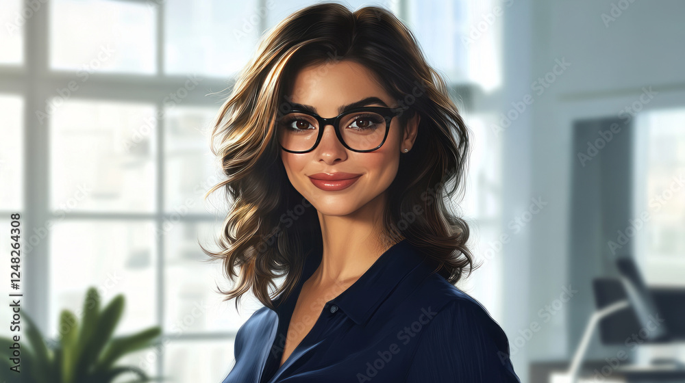 portrait of a confident woman with wavy dark brown hair, wearing a navy-blue blouse and black glasses. She is smiling warmly and standing in a modern portrait of a confident woman with wavy dark brown hair, wearing a navy-blue blouse and black glasses. She is smiling warmly and standing in a modern