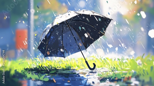 The umbrella is lying on the green grass. 