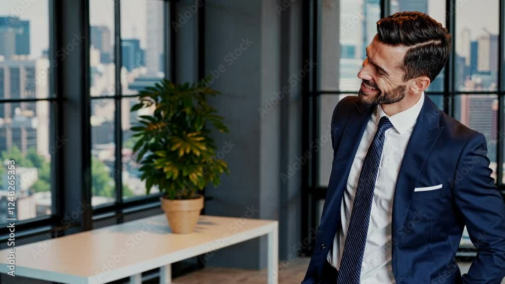 Professional man in a suit smiling in a modern office with city view. Medium shot, eye-level angle, bright and corporate style. Video. Professional man in a suit smiling in a modern office with city view. Medium shot, eye-level angle, bright and corporate style. Video.