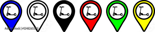 Set of vector icons of scooter rental points and scooter zones for identifying locations on maps