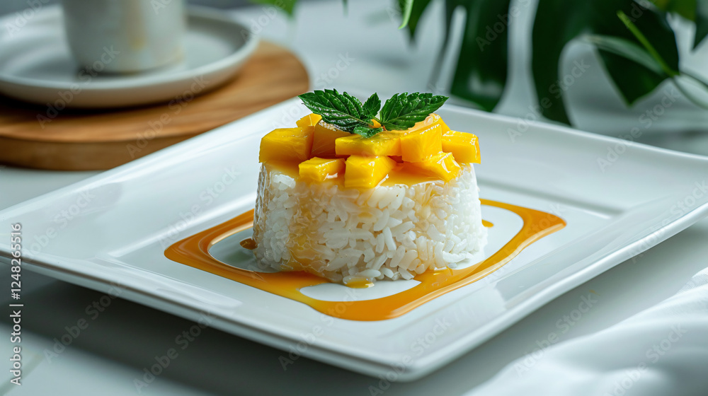 Mango Sticky Rice Dessert A minimalist presentation of mango sticky rice on a square white plate. Mango Sticky Rice Dessert A minimalist presentation of mango sticky rice on a square white plate.