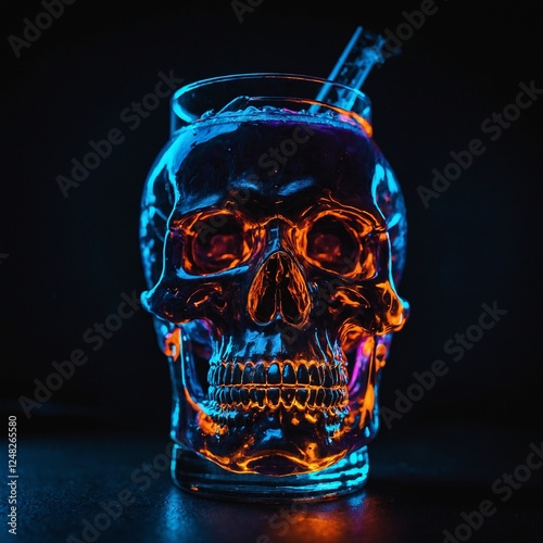 A spooky Halloween vodka cocktail glowing under blacklight, served in a skull-shaped glass.