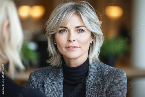 A confident woman with stylish silver hair, wearing a blazer, gazes thoughtfully at the camera, exuding professionalism in a modern setting.