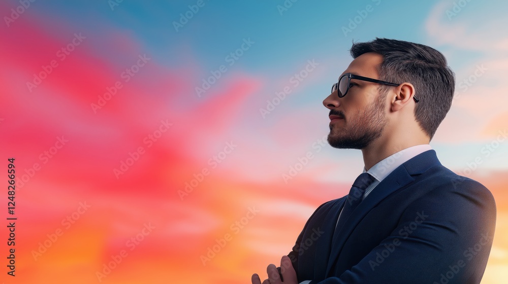 Business professional reflecting on opportunities at dusk urban skyline inspirational mood thoughtful perspective