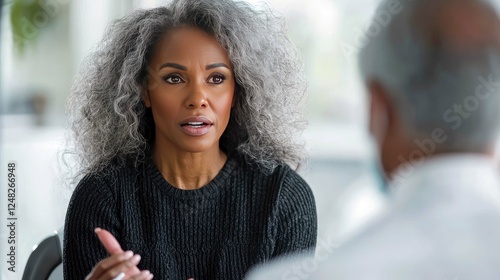 A mature woman with gray hair is having a serious conversation with her doctor. She looks concerned and thoughtful as she listens intently. The image conveys a sense of trust and professionalism.