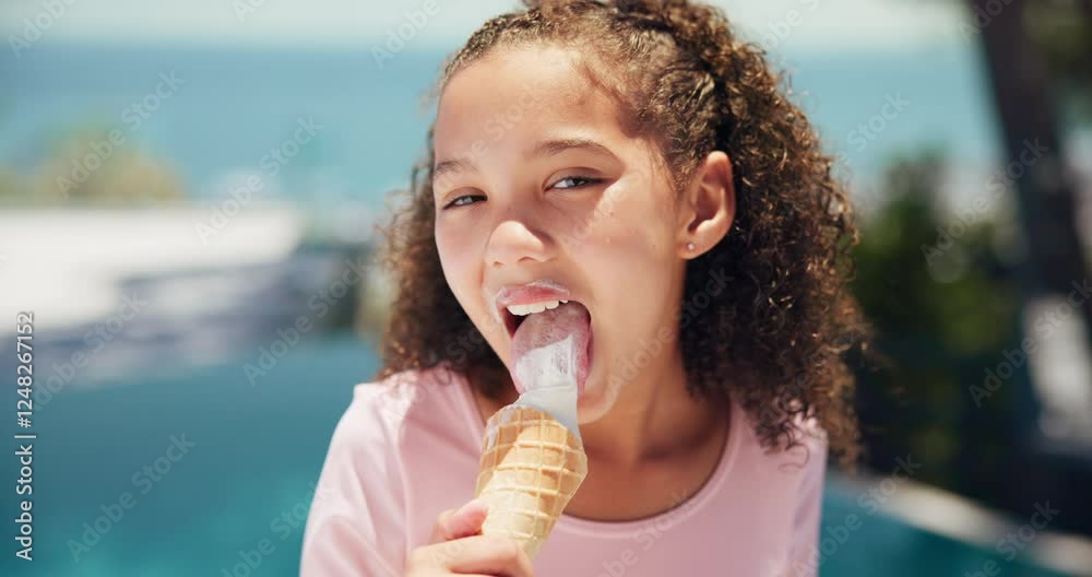 Face, child and outdoor for messy ice cream, travel and flavor development with vanilla gelato. Happy girl, portrait and person eating cool snack on school vacation, freedom and frozen sweet dessert