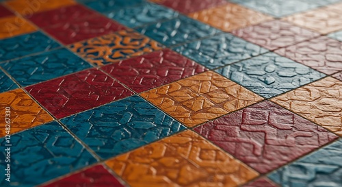 Textured Tile Pattern in Red Orange Blue Design