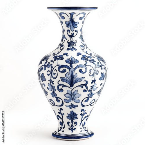 Ornate Blue and White Vase on White Background photo