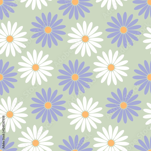 Spring vibe camomile flowers pattern on pastel background, white and lilac colors.