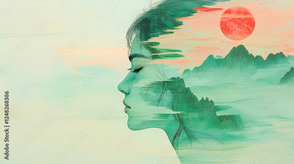 Serene fusion: Woman's profile merging with landscape evoking tranquility and connection to nature under a warm sun Serene fusion: Woman's profile merging with landscape evoking tranquility and connection to nature under a warm sun