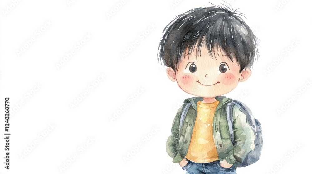 Cheerful Young Boy with Backpack and Casual Outfit Smiling Cheerful Young Boy with Backpack and Casual Outfit Smiling