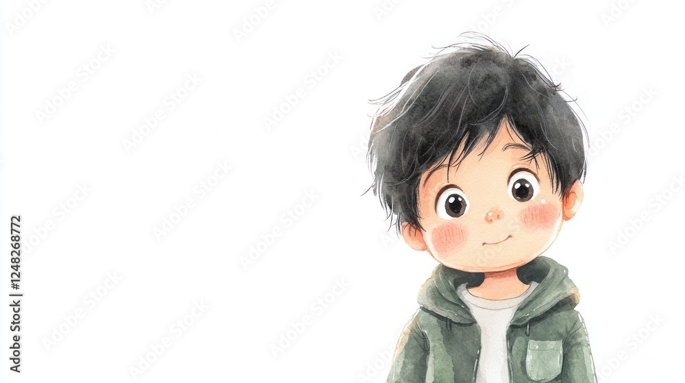 Cute illustration of a cheerful boy with curly black hair and hoodie Cute illustration of a cheerful boy with curly black hair and hoodie