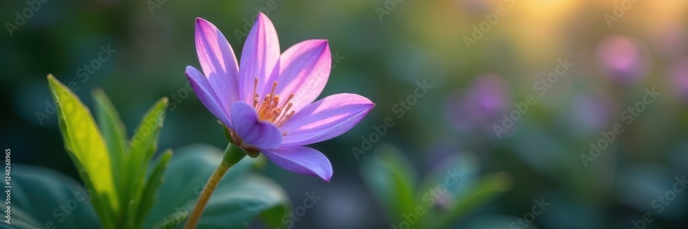 Fototapeta premium Delicate purple flower, smooth leaves, soft light, garden, purple bloom, bloom