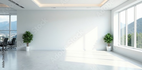 Sterile white office interior, large empty wall for branding, panel, light, architecture