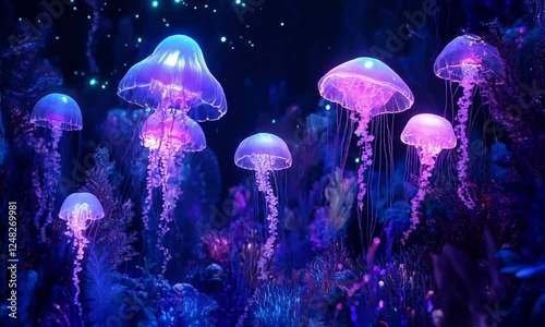 Glowing jellyfish in the blue water