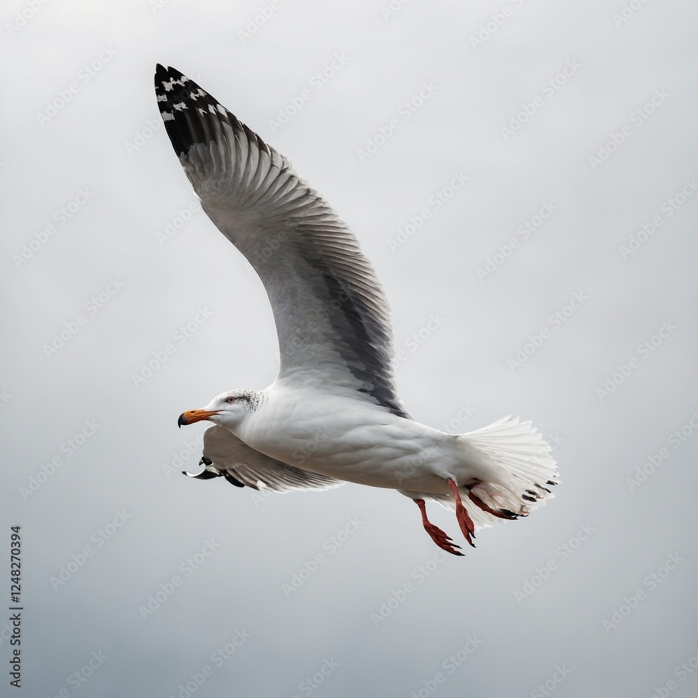 Fototapeta premium A majestic seagull in mid-flight, wings fully extended, highlighting the intricate feather patterns and aerodynamics against a clean white backdrop.