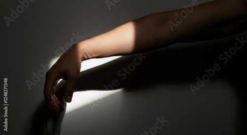 Caucasian adult male arm casting shadow on wall in dramatic lighting photo