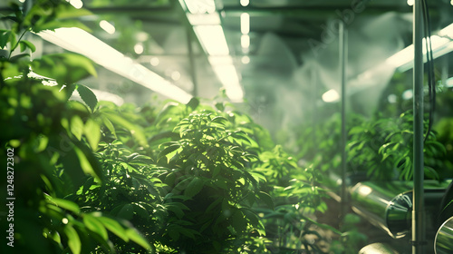 Photo: Lush Green Plants Thrive Under Greenhouse Lights and Mist