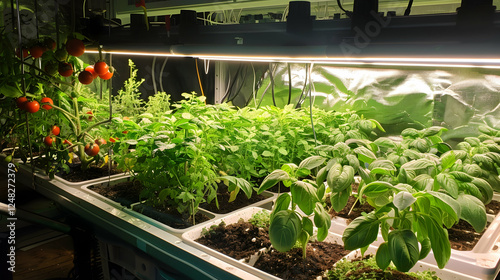 Photo: Indoor Garden Tomatoes Basil Grow Light Hydroponics Urban Farming