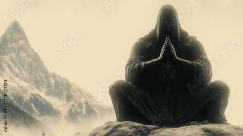 Seated figure in robes meditating on a mountaintop Solitude and spirituality emanate from the foggy mountainous landscape