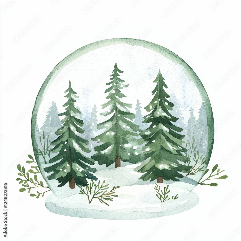 Fototapeta premium Watercolor forest scene in snow globe.