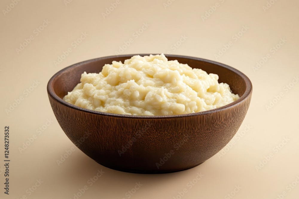 Creamy rice pudding is presented in a simple wooden bowl Creamy rice pudding is presented in a simple wooden bowl