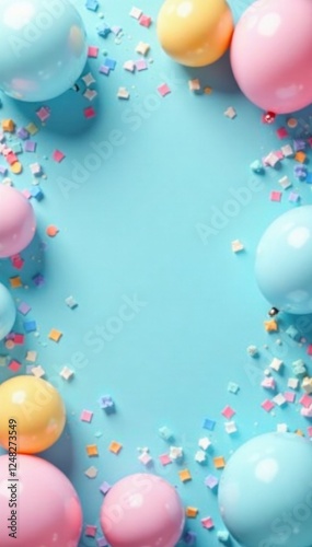 Pastel blue border frames confetti, balloons, and party decor in a flat lay , stock photo, simple, bright