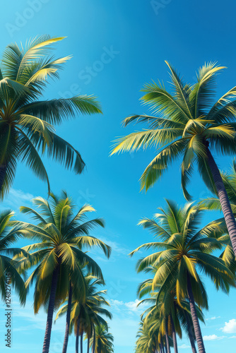 Vibrant Digital Painting of Towering Palm Trees Against a Clear Blue Sky with Sunlight Creating a Tropical Paradise Ideal for Vacation and Nature Themes