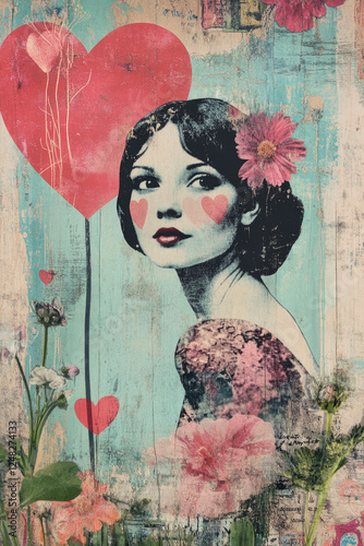 Contemporary art collage of Beautiful woman with flower and red love heart over green grunge background, Valentine day concept, illustration love poster