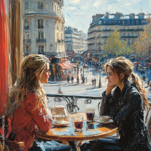 Parisian Cafe Rendezvous: Two Women Enjoying Coffee and City Views