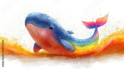 Joyful Cartoon Whale Spouting Colorful Rainbow from Blowhole on Simple White Background photo