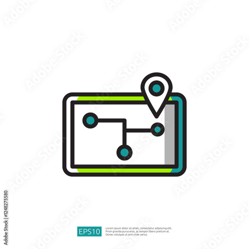 Digital Map Icon With Location Marker And Abstract Path Lines On A White Background