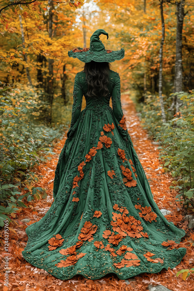 Enchanted woman in a flowing green gown adorned with autumn leaves in a forest path Enchanted woman in a flowing green gown adorned with autumn leaves in a forest path