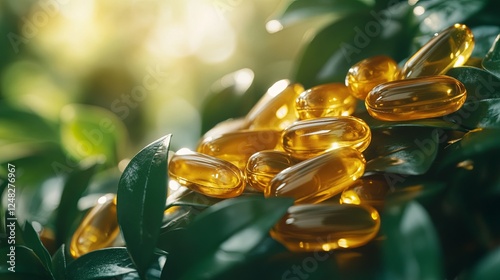 Omega-3 capsules are placed in a white bottle on a table, with a green leaves background. Fish oil tablets, including omega-6, omega-9, vitamins A, E, D, and D3, viewed from above photo