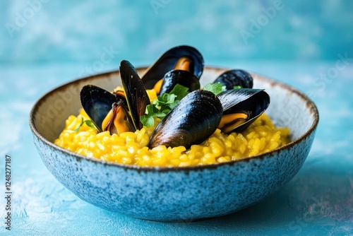 Delicious mussel risotto served in a beautiful ceramic bowl
