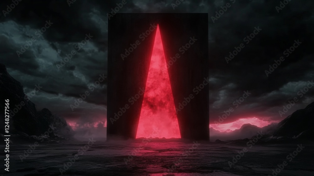 Obraz premium A dark monolith with a bright red triangle in the center dominates a landscape under a stormy sky creating a mysterious atmosphere