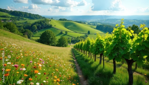 Rolling hills, grapevines budding amidst wildflowers, grapes, green, sunlight photo