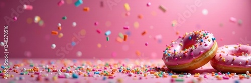 Rainbow sprinkles shower falling donuts, dark pink, bakery, food photography, falling