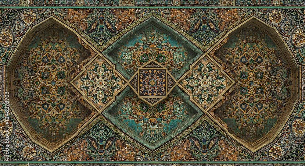 Intricate Islamic Geometric Ceiling Design in Teal and Gold Intricate Islamic Geometric Ceiling Design in Teal and Gold