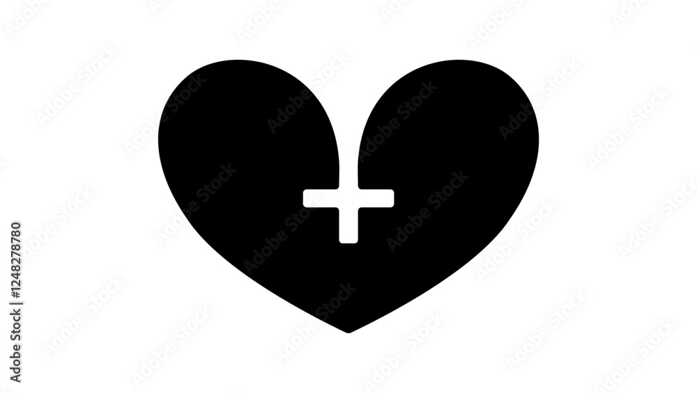 heart with medical cross, black isolated silhouette heart with medical cross, black isolated silhouette