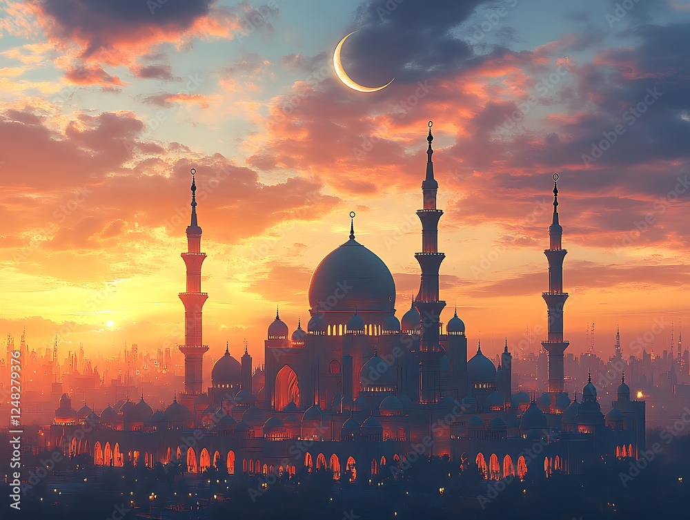 Fototapeta premium Silhouette of a Grand Mosque at Sunset with a Crescent Moon and Vibrant Sky