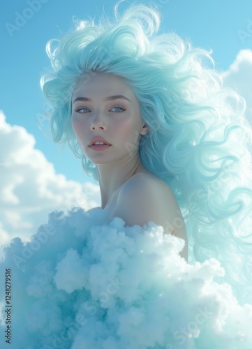 Woman with blue hair in light blue dress is a trendy fashion model. Suitable for hair dye ads, fashion editorials, beauty blogs.