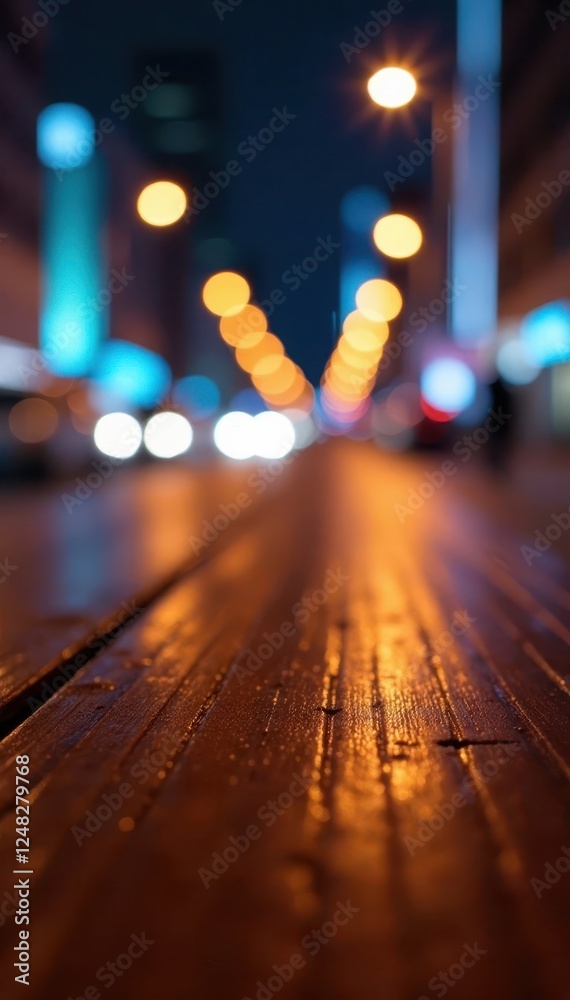 Fototapeta premium Polished wood surface, blurry city nightlife bokeh behind , reflection, wood