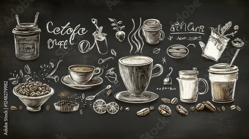 Artistic Illustrations of Coffee Drinks and Ingredients on Chalkboard photo