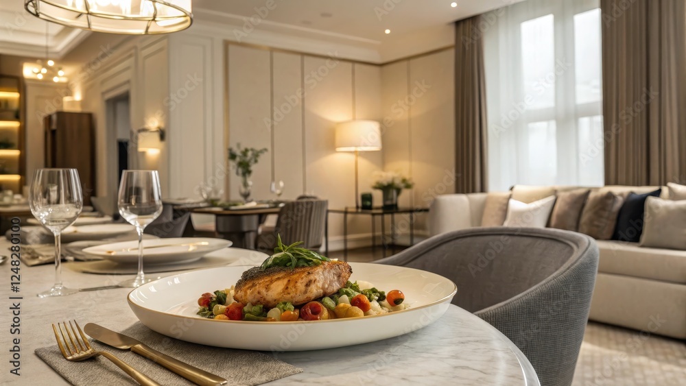 Fototapeta premium Chic and Sophisticated Dining Room with Delightful Culinary Display