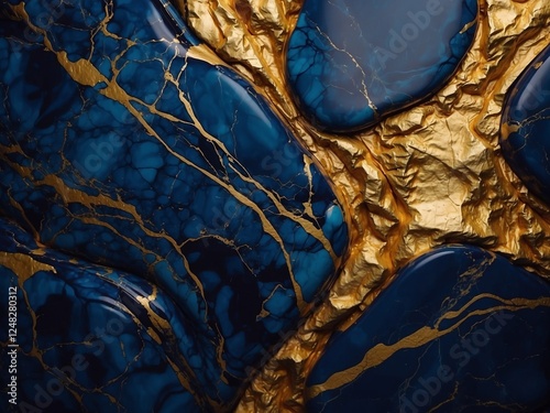 Dark blue smooth three-dimensional stone with rich luxurious gold veins in it. Stone in the cut close-up. Incredibly beautiful texture pattern.