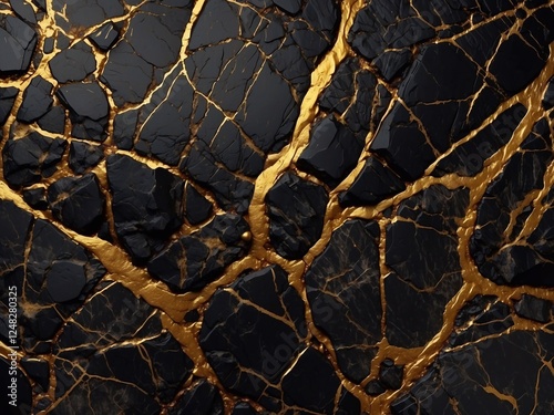 Realistic black stone or frozen resin texture with shallow gold veins. Luxurious pattern for decoration, top view close-up. Art of stone in the cut.