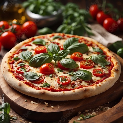 Fresh aromatic pizza with tomatoes and basil on a wooden board on the table. Modern stylish food shooting. Close-up view.